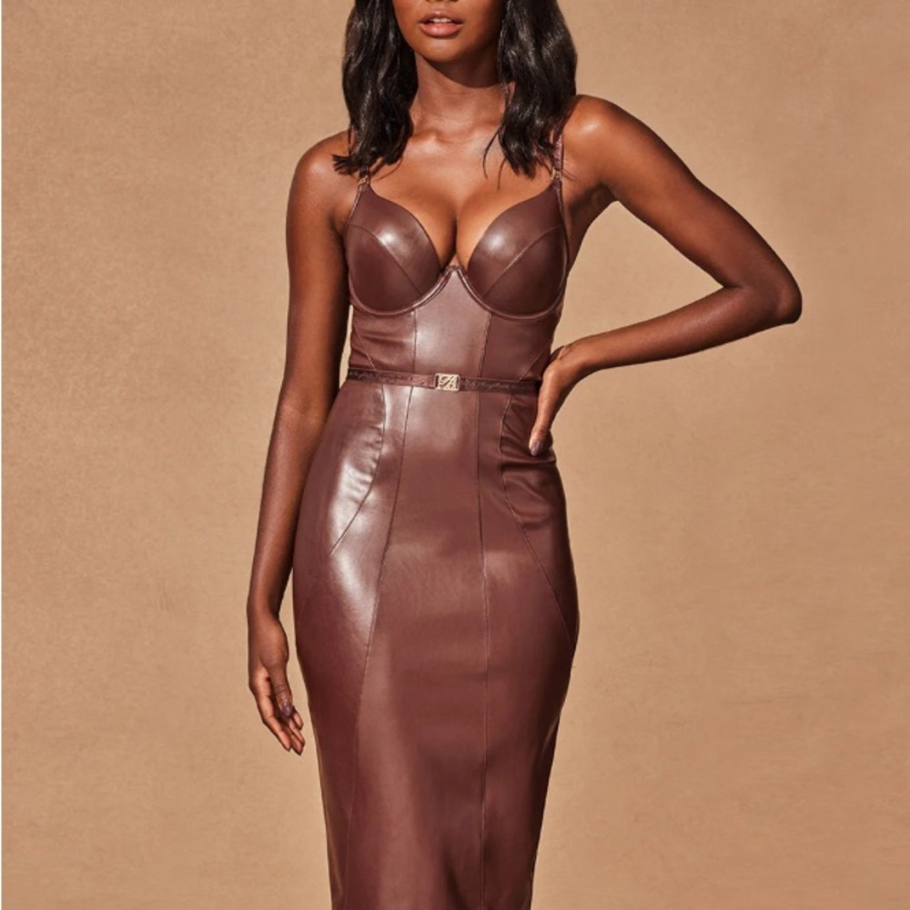 Honey Birdette Brown faux Leather Emily Midi Dress